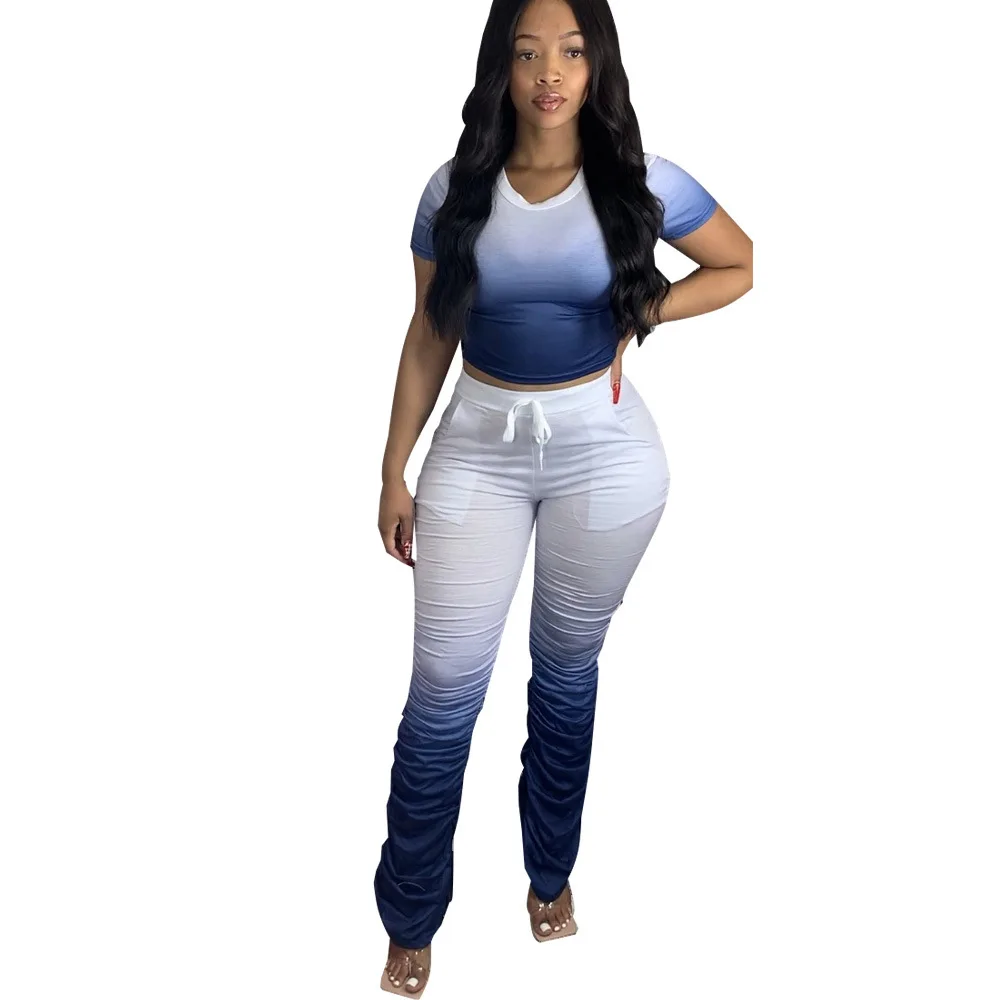 

Causal Gradient Color Set Stacked Joggers Set Shirt Crop Top + Long Pants Slit Flare Pants Tracksuit Outfits For Women