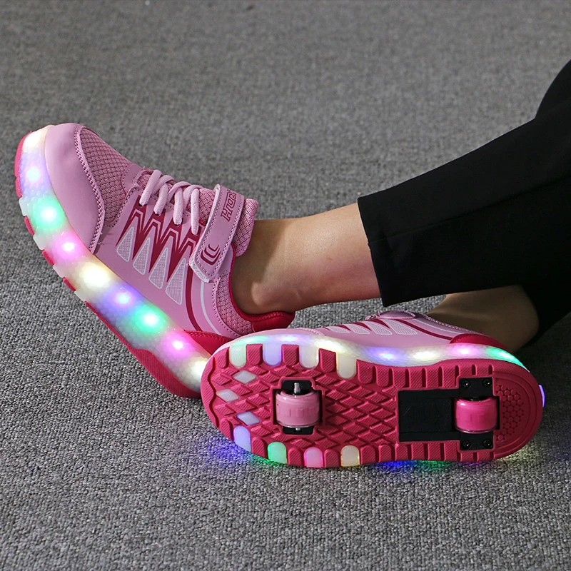 Кроссовки с двумя колесами; цвет розовый, серый; Зарядка через usb; Светодиодный светильник; обувь для катания на роликах для детей; детская обувь; обувь для мальчиков и девочек; светильник унисекс