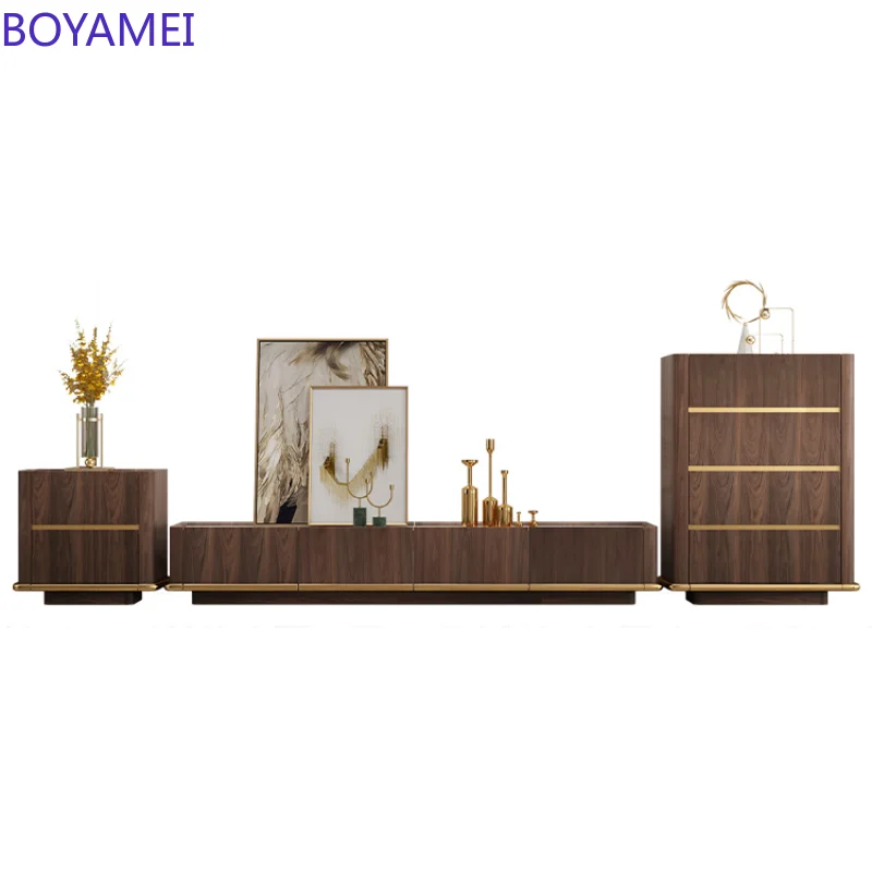 

Modern luxury black walnut marble TV cabinet Modern minimalist small-sized solid wood TV cabinet tea table combination
