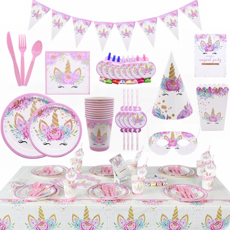 

Unicorn Printed Disposable Tableware Set Paper Plate Cup Straw for Unicorn Theme Party Birthday Dinner Table Decoration Supplies