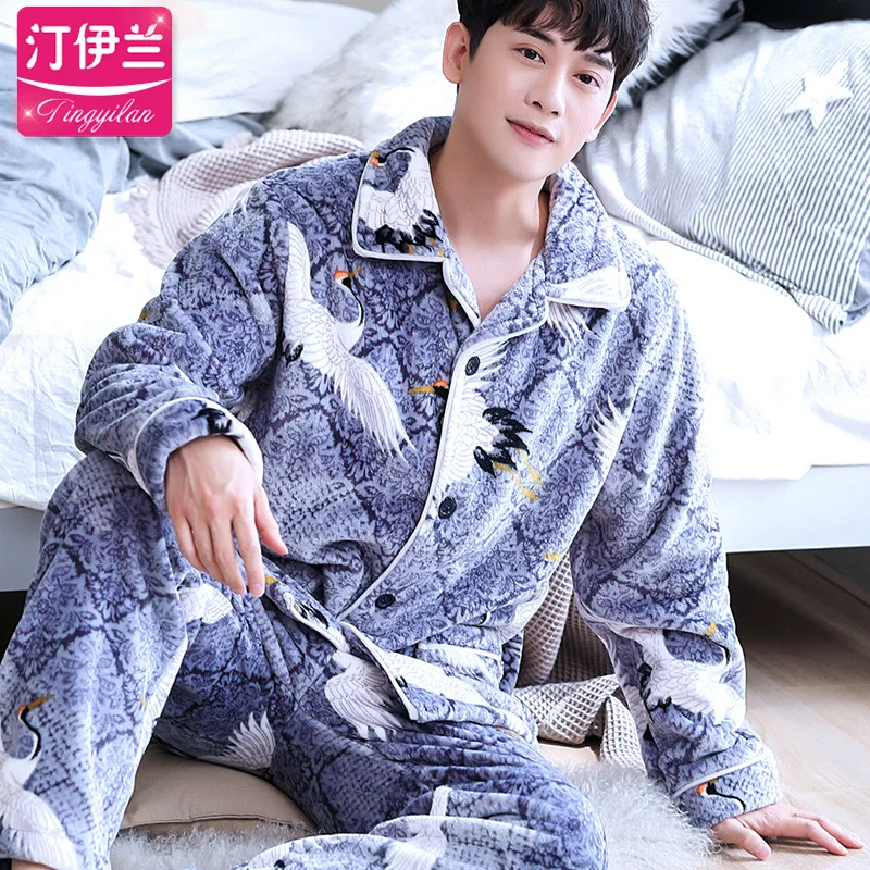 H5898 пижамы для молодых мужчин, набор пижамы, толстая фланелевая Милая Домашняя одежда, мужская Коралловая бархатная Пижама большого размера с длинным рукавом, зимняя теплая одежда для сна
