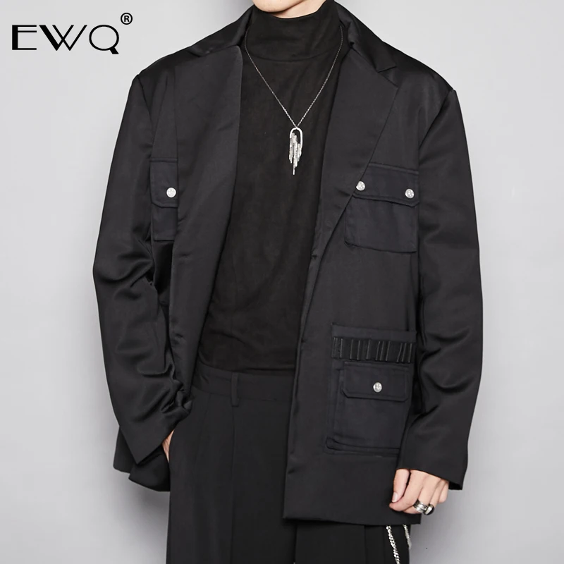 EWQ/уличный мужской костюм, черный, свободный, много карманов, куртка для мужчин, длинный рукав, Повседневный,, Весенняя мода, блейзер для мужчин, 9Y103
