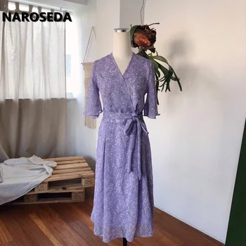 

NAROSEDA 2020 vintage Summer women's dress A-Line Print V-Neck Lace-Up casual Chiffon elegant Ruffles female clothes dresses