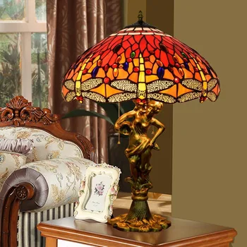 

45cm European Retro Red celebration Dragonfly art color glass living room dining room bedroom table lamp gift lamp