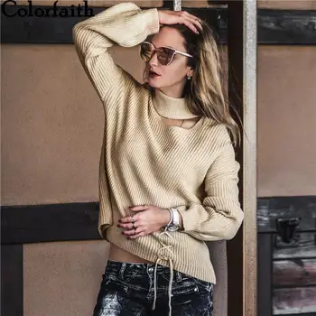

New 2019 Women Autumn Winter Hollow Out Sexy Sweater Lantern Sleeve Knitting Pullovers Ladies Elegant Lace Up Tops