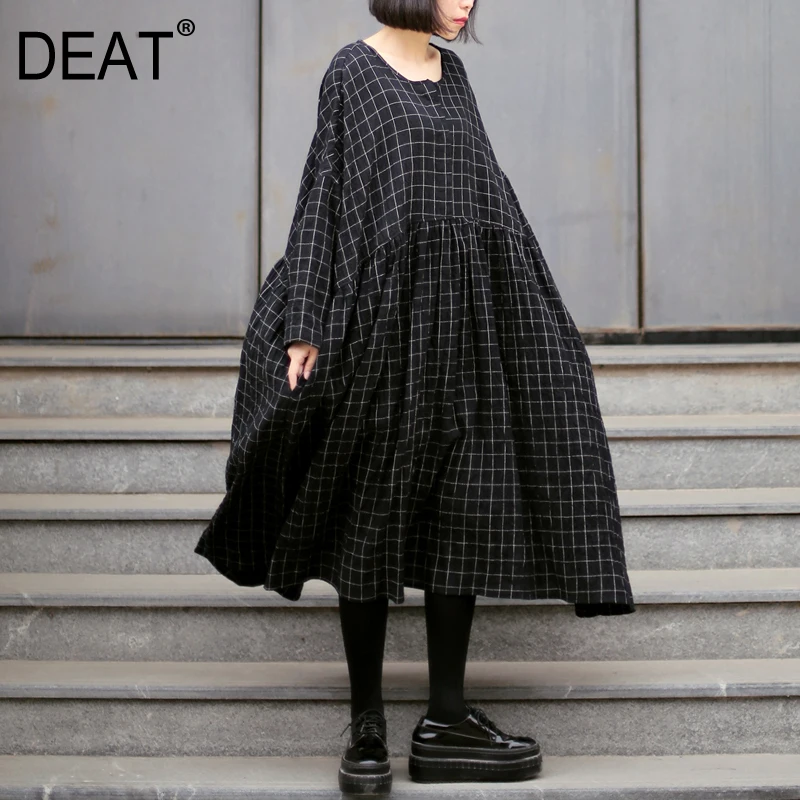 

DEAT 2020 New Spring Round Collar Mid-length Lattice Dress Women Vintage Loose A-line Big Size Temperament Casual Dress PD740