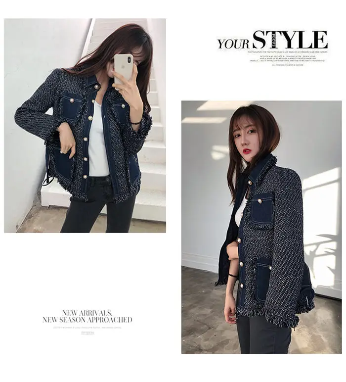 Beading Design Coat Women Autumn Fashion Denim Patchwork Lady New Multi Pocket Tassel Tweed Jacket Belted Runway Outwear f1534
