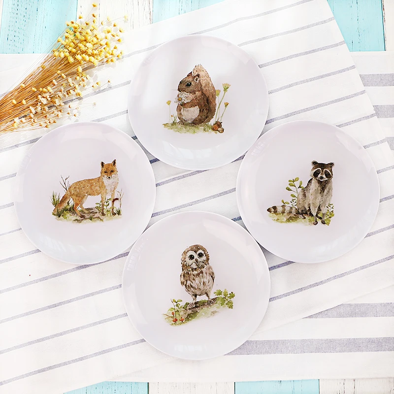 

8 Inch cute plate set dishes home flat plates melamine tableware Fox Owl Raccoon Squirrel Drawing 4 pcs DEC553
