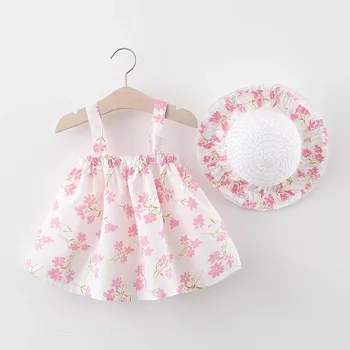 

Baby Girl Dress 2020 Summer New Baby Clothes Hat 2 Pieces Set Sleeveless Print Floral Princess Birthday Party Dress Girl Clothes