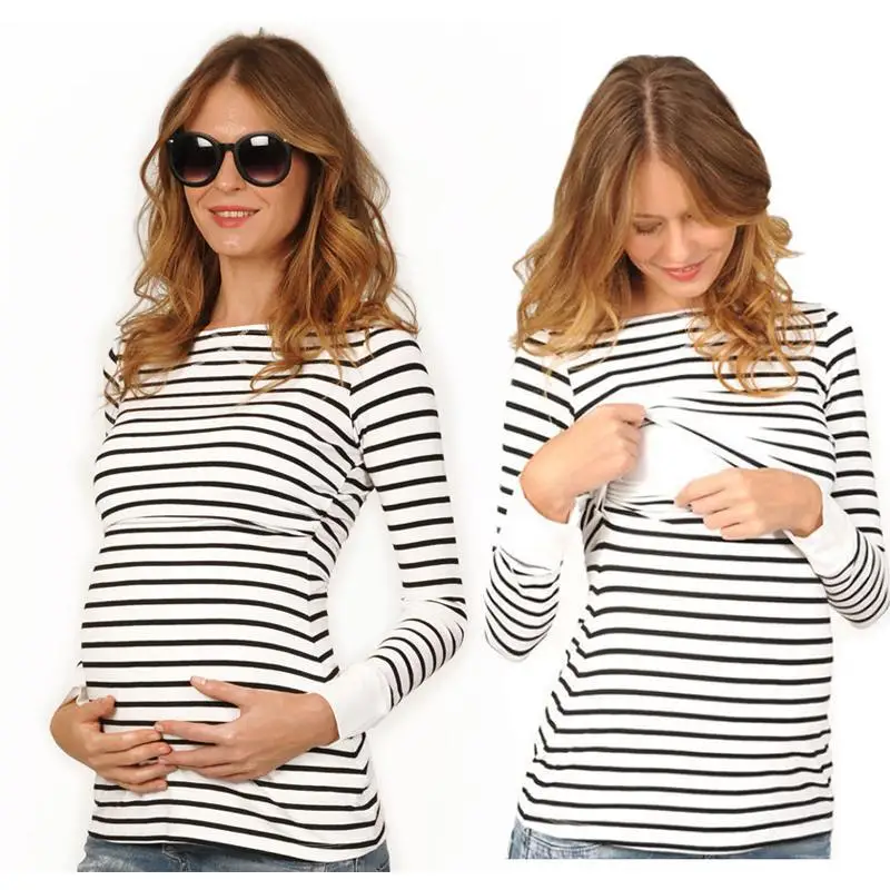 

Maternity clothing Spring Fashion Casual Striped O neck Collar long sleeve nursing top breastfeeding clothing for pregnant women