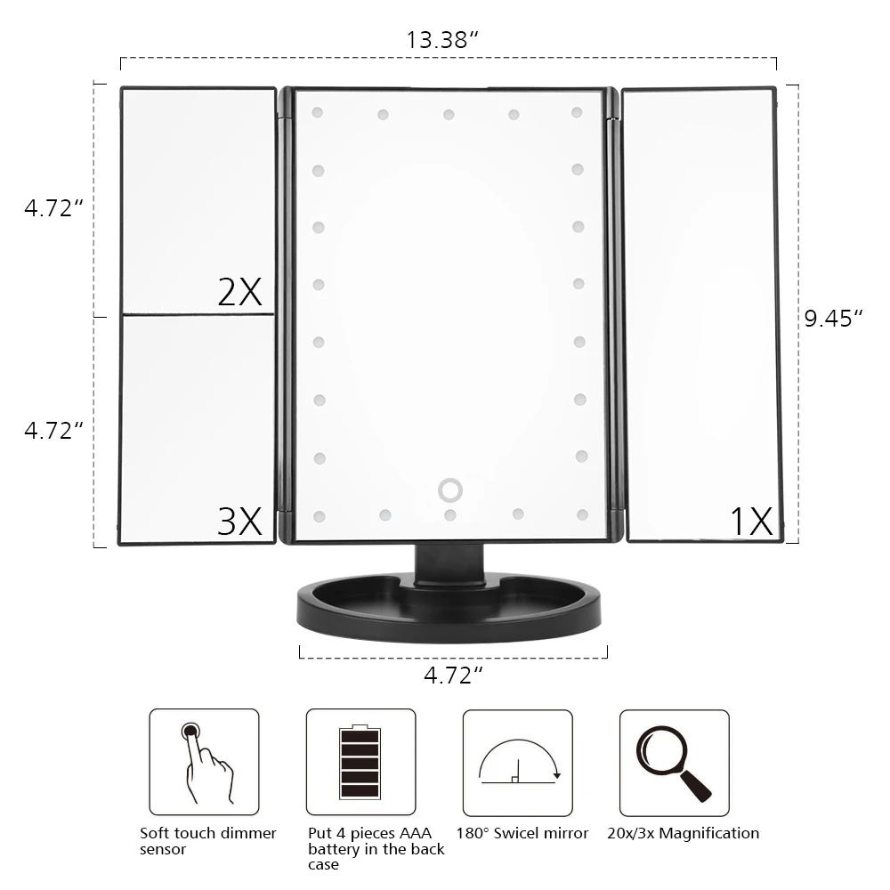 Beste Led Touch Screen 22 Licht Make Up Spiegel Tafel Desktop Make 1X 2X 3X 10X Vergrootglas Spiegels Vanity 3 Vouwen Verstelbare Spiegel