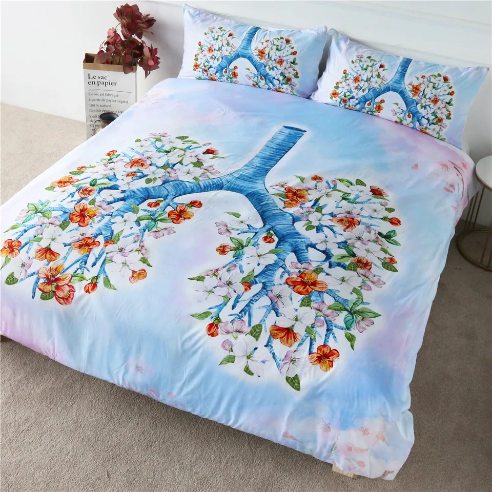 

HM Life Bedding Sets Lung Floral Tree Printed Flower of Life Comforter Cover Pink Blue Bedclothes 3-Piece Duvet Cover Set