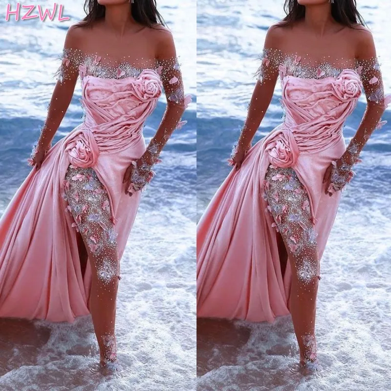 

Gorgeous Sheer Neck Long Sleeves Prom Dresses With 3d Flower Appliques Ruched Satin High Split Evening Gowns Sweep Train Robe