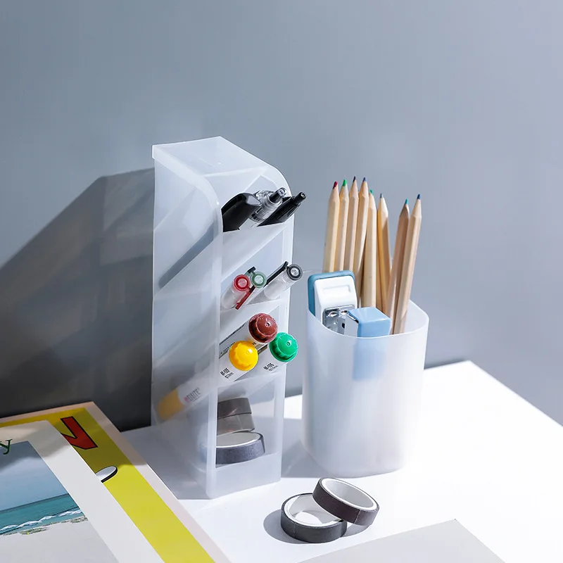 Multi-function 4 Grid Desktop Pen Holder Office School Storage Case Clear White Black Plastic Box Desk Pen Pencil Organizer