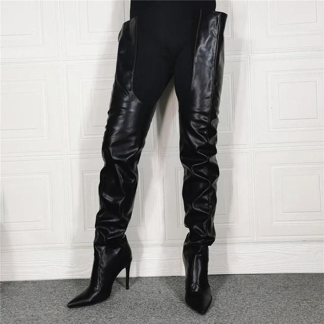 Latex Ins Over The Knee High Boots Black Thin Heels Sexy Crotch Pointed Party Mujer Ladies Shoes Woman Size45 47 - AliExpress