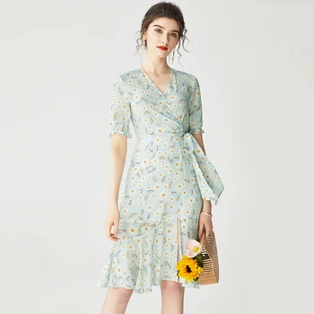 

100% Silk Women's Runway Dresses V Neck Short Sleeves Floral Printed Sash Belt Sexy Split Fashion Casual Holiday Dresses