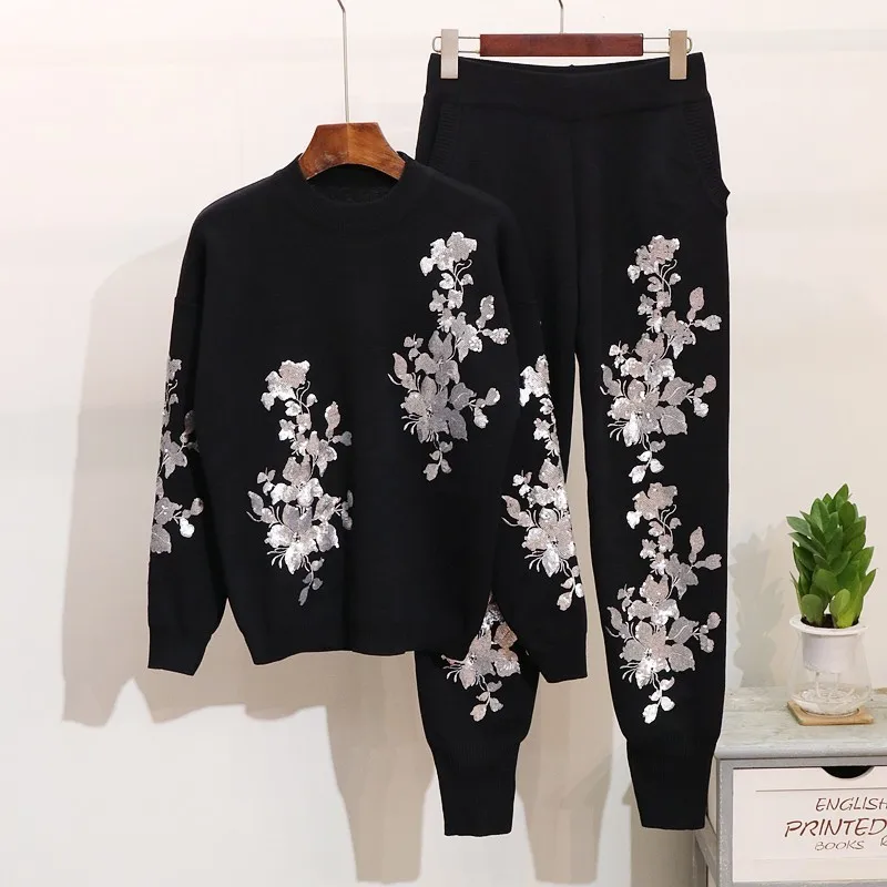 

Sequin Flower Embroidery Knitted Pullover And Pants 2 Piece Sets Women Autumn Winter Fashion Casual Harem Trousers Suit 2020 New