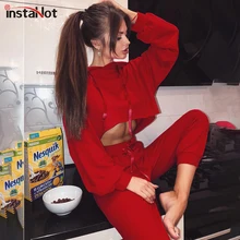 InstaHot красные, черные, на шнурке с капюшоном из двух частей комплекты Для женщин кроп топ и свободные морские брюки Повседневное спортивный костюм осень-зима наряд