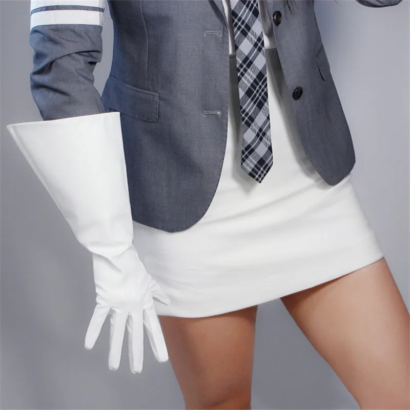 Длинные перчатки 38 см с большим рукавом и широкими манжетами, рукав-фонарик с буфами, кожаные белые мужские и женские унисекс перчатки WPU142 - Цвет: Белый