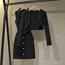 Traje de vestir a la moda para mujer, Blazer corto ajustado, chaqueta, Top Midi, vestido de tubo blanco y negro para oficina, ropa de negocios para mujer