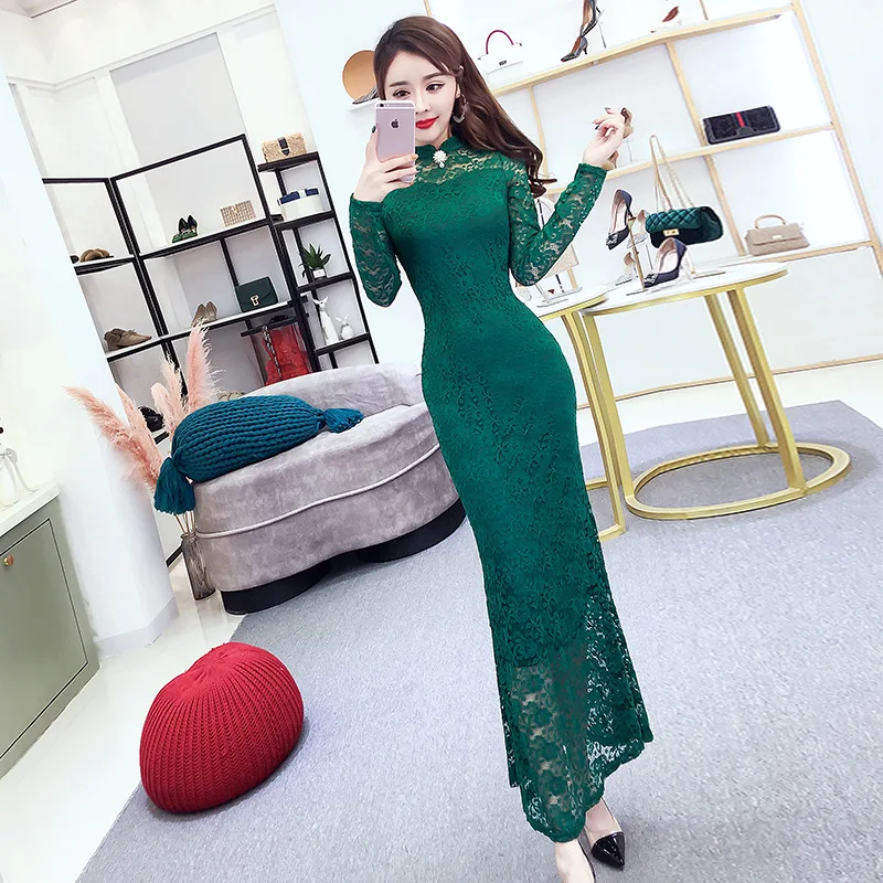 Китайское вечернее платье, китайское платье, сексуальное, cheongsam, с вырезами, кружево, qipao, длинный рукав, платье, новинка, бодикон - Цвет: color2