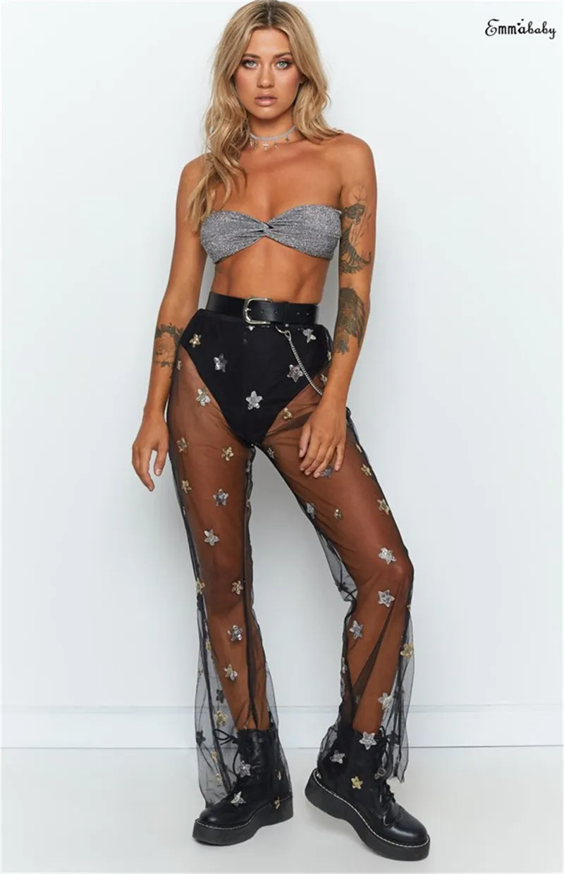 black mesh flared trousers