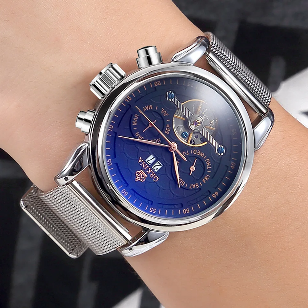 Мужские полые часы Tourbillon автоматические механические часы Календарь многофункциональный ремень мужские часы