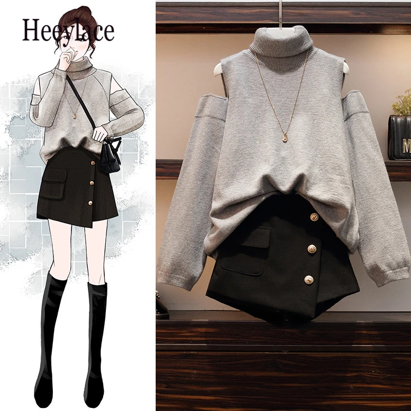 

Plus size Autumn Winter Two piece set OL Turtleneck Loose Sweater Top + Skirt Mini Button Pockets Office Lady Set 2 Piece Set