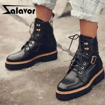 

ZALAVOR Real Leather Winter Women Motorcycle Boots Fashion Non-Slip Women Round Toe Shoes Buckle Flats Lace Footwear Size 34-39