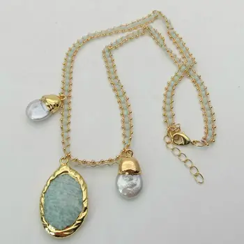 

19" Green Color Crystal Chain Necklace White Keshi Pearl Onyx Pendant