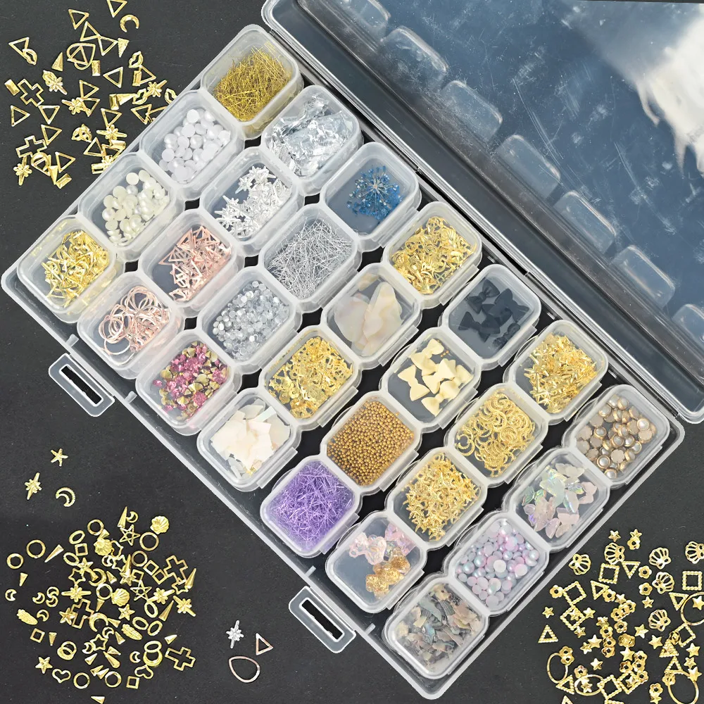 

28grids/Box Nails Art Accessories Shell Rhinestones Pearl Random Mixed Set Nail Charms For 3D Nail Art Decoration Manicure Tools