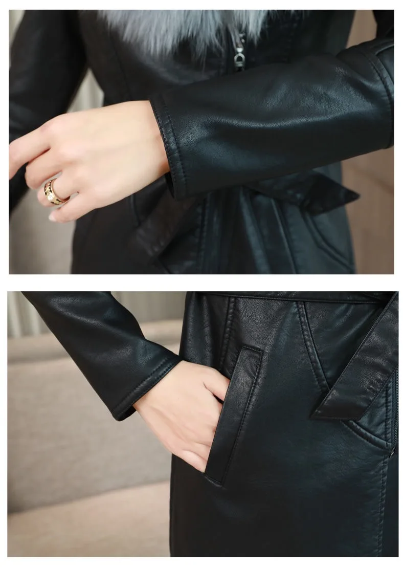Женская черная кожаная куртка для зимы, новое вельветовое теплое приталенное длинное кожаное пальто с большим меховым воротником, женская верхняя одежда M-4XL