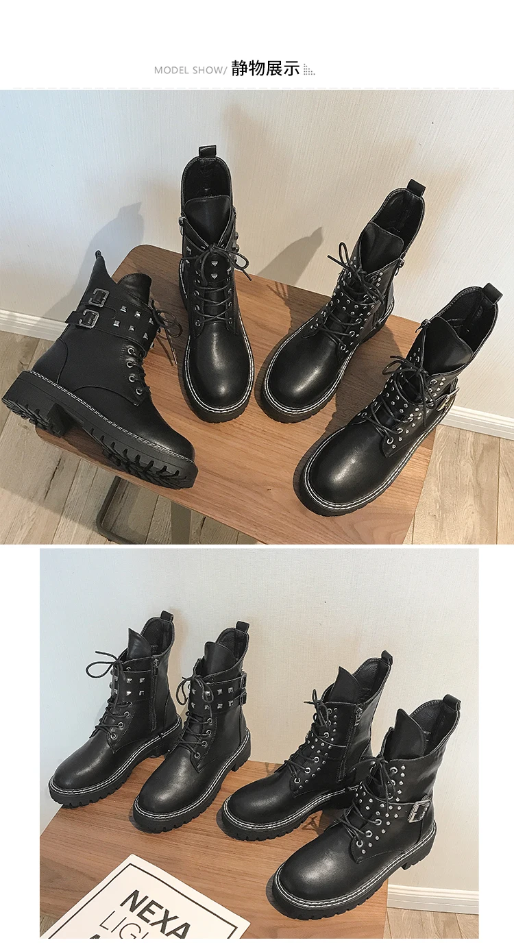 Черные Ботинки martin с перекрестной шнуровкой bottes femme женские мотоциклетные ботинки на толстом каблуке до середины икры, 2 стиля, металлические сапоги