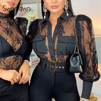 

Sweetown Autumn Fashion Transparent Sexy Mesh Top Shirt With Pockets Single-Breasted Puff Sleeve Black Office Lady T Shirt Tees