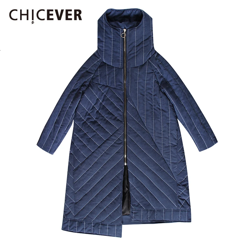 

CHICEVER Striped Women's Parkas Coat Hooded Long Sleeve Zipper Asymmetric Long Winter Coats Female Fashion Streetwear Tide 2019