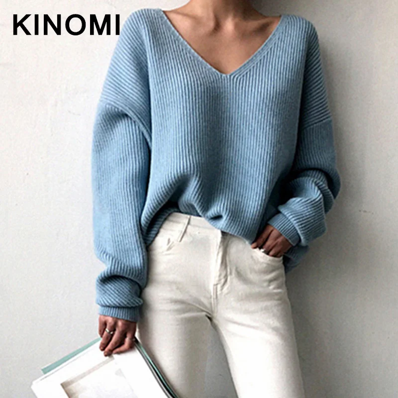 

KINOMI New 2019 Autumn Winter Women's Sweaters V-Neck Minimalist Tops Fashionable Korean Style Knitting Casual Solid Sweater