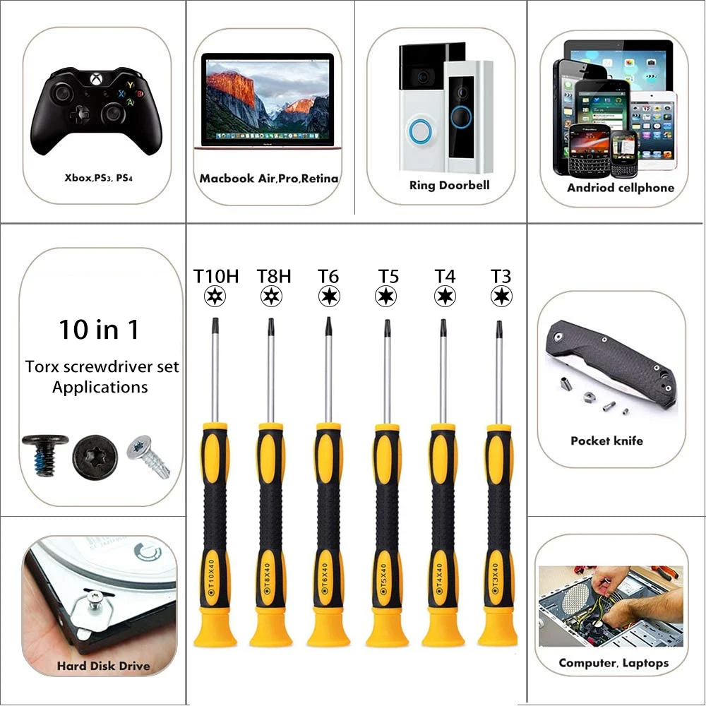 11 1 Torx 드라이버 세트 T3/4/5/6/8/10 보안 Torx 비트 ESD 핀셋 정밀 수리 키트 50 대/몫