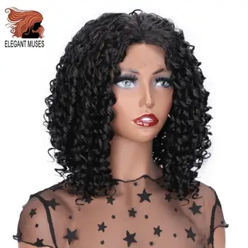 

ELEGANT MUSES Curly Lace Front Wig 12inch Long Black Wig Synthetic Wigs for Women Heat Resistant Fiber Natural Wig
