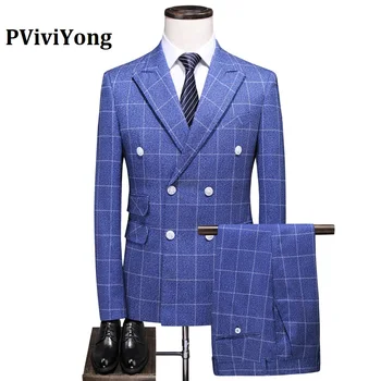 

PViviYong brand 2019 high quality suit men double breasted grid leisure Business Suit Three-piece (Jackets + Vest + Pants) 6025