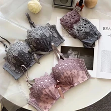 1/2 чашки кружева вышивка собрать Пуш Ап молодых женщин бюстгальтер и трусики Комплект утолщаются Бесшовные нижнее белье для женщин белье