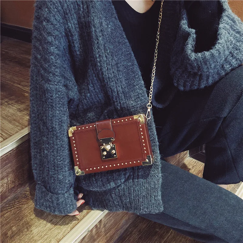 Fashion Vintage Rivet Designer Bag Box Style Buckle PU Women Clutch Bag Chain Purse Shoulder Bag Crossbody Small Flap Handbag