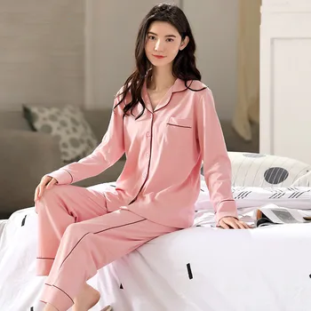 

Autumn Winter Women's Cotton Pajamas Casual Cardigan Lapel Solid Color Sweet Girly Homewear Loose Solid Color Plus Size Pajamas