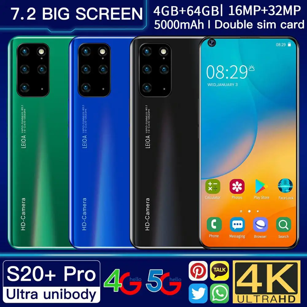 S20+ Pro Smartphone 7.2-Inch Water Drop Large Screen 4+64GB Dual Card Dual Waiting To Unlock Face Recognition Fingerprint