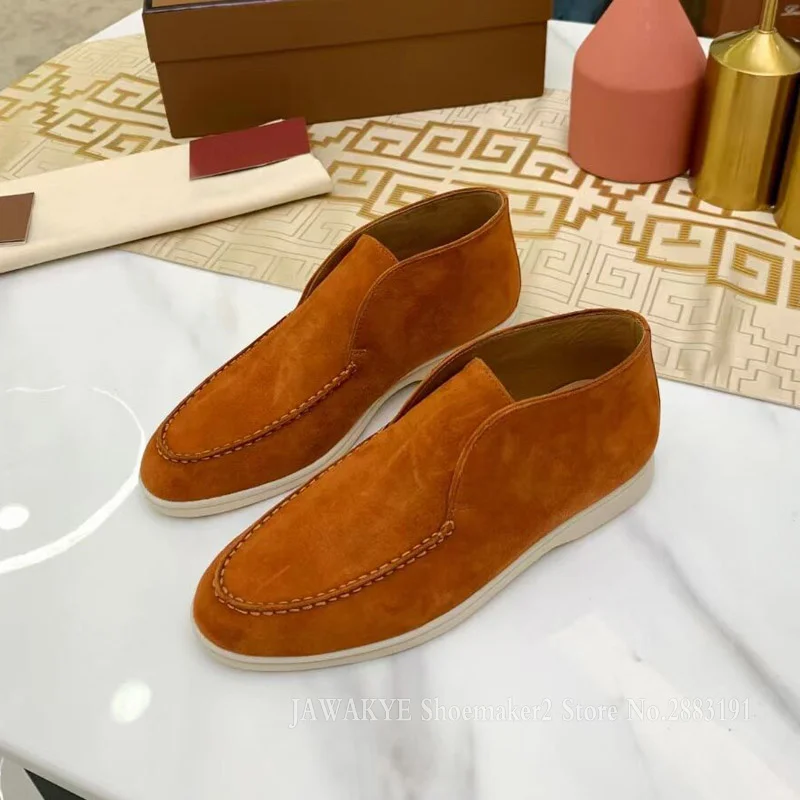 Comfort Suede Unisex High Top Loafers Round Toe White Rubber Sole Casual Flats Fashion One Pedal Couple Flat Mules Dress Shoes