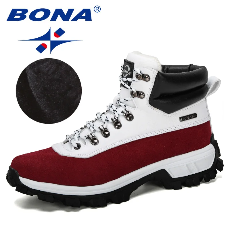 White red BONA/Новинка года; дизайнерская очень теплая зимняя обувь; уличные мужские зимние ботинки из коровьей замши; Теплые ботильоны; Botas Man; противоскользящие модные ботинки - Цвет: White red