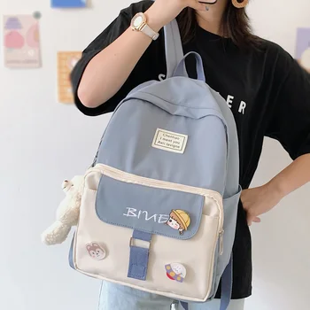 

Women Cute Embroidery Backpack Nylon Female Harajuku School Bag College Book Lady Badge Backpack Kawaii Fashion Girl Bag Student