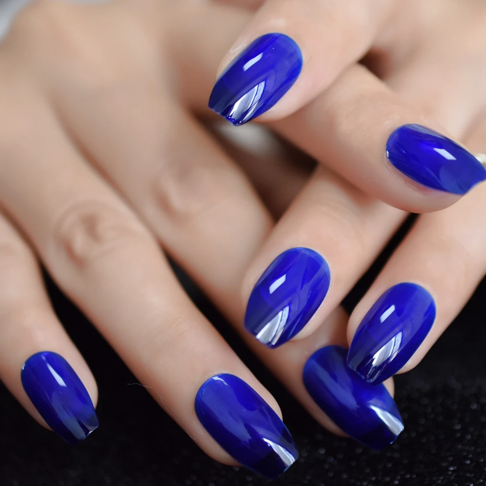 Blue Jelly Coffin Fake Nails Solid Color Heart Of The Sea Spirit Artificial Acrylic Nail Art Tips With Adhesive False Nails Aliexpress