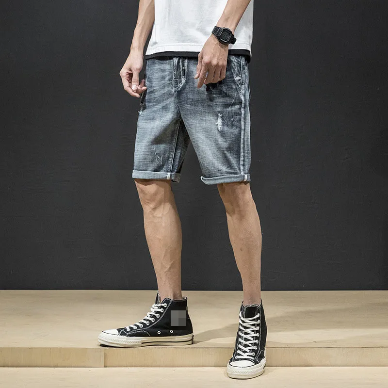 

Men vintage Ripped Jeans Knee Length Short Casual Loose Bermuda Retro Holes Straight Denim shorts New Streetwear Summer