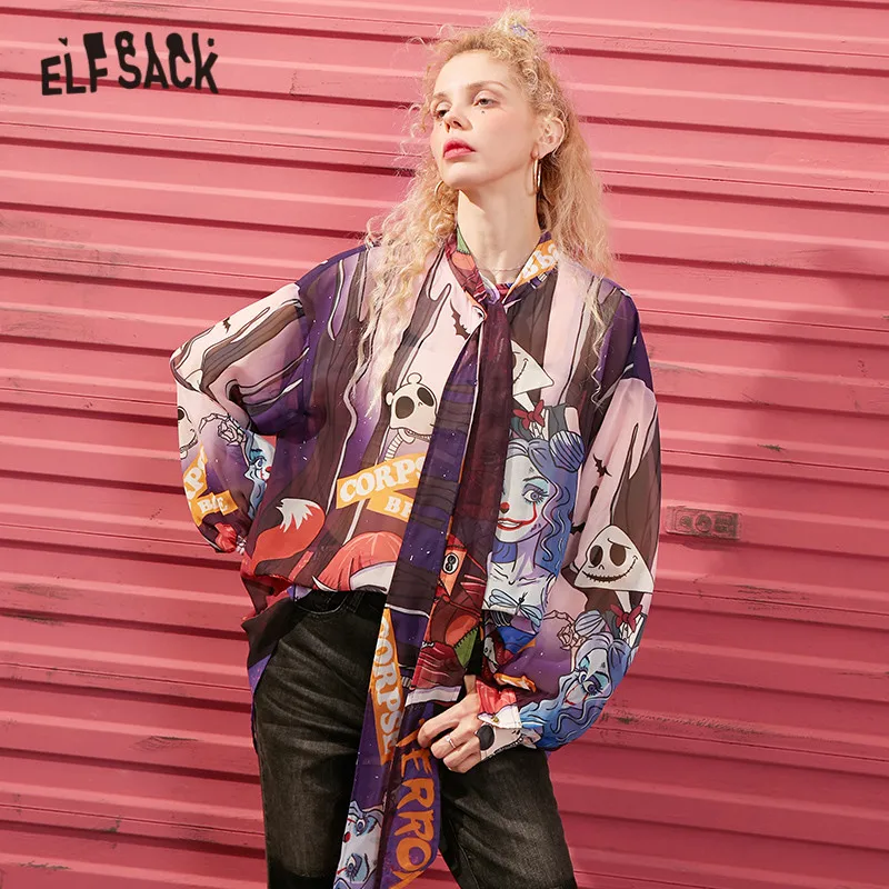 

ELFSACK Original Corpse Graphic Print Women Shirts Tie Neck Chiffon Casual Blouse 2020 Spring Vintage Purple Lantern Sleeve Tops