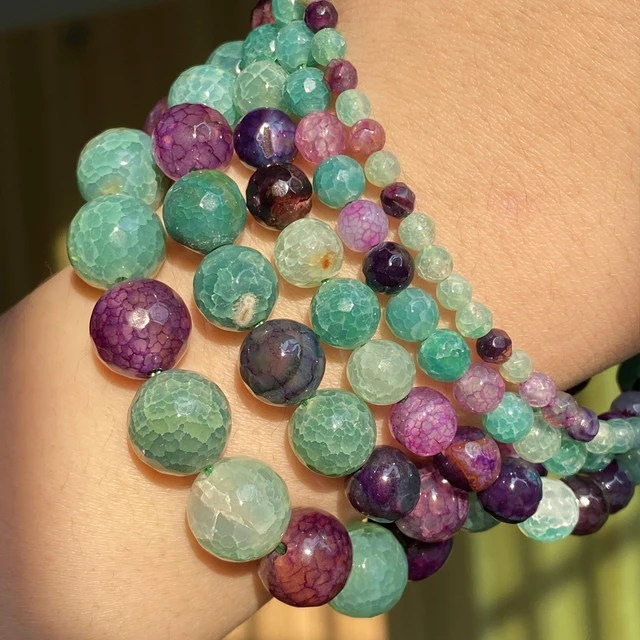 Natural Stone Beads 4-10mm Aquamarines Lava Opal Rose Quartzs Tiger Eye Moonstone Round Beads for Jewelry Making Diy Bracelet Green Cracked Agate